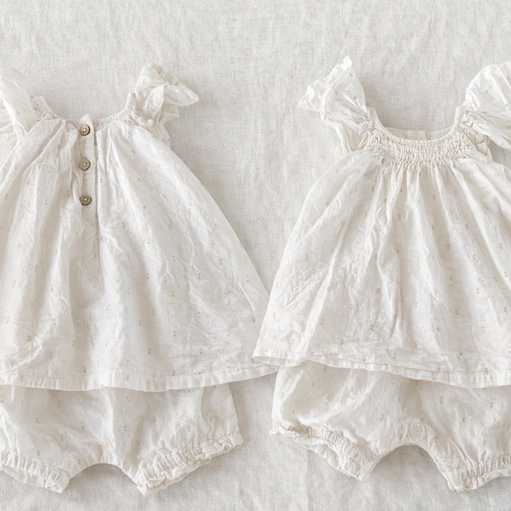 First Impressions Baby Girl White & Gold Dot Dress Set 6–9M